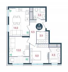 ЖК «Русич Кантемировский», планировка 2-комнатной квартиры, 54.00 м²