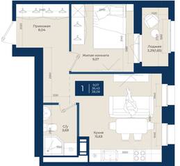ЖК «Новатория», планировка 1-комнатной квартиры, 38.08 м²