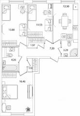 ЖК «Кинопарк», планировка 3-комнатной квартиры, 72.61 м²