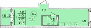 МЖК «Образцовый квартал 17», планировка 1-комнатной квартиры, 40.79 м²