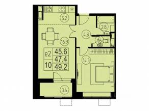 ЖК «River Park», планировка 2-комнатной квартиры, 47.40 м²