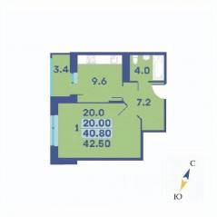 ЖК «Эдельвейс» (ЦентрСтрой), планировка 1-комнатной квартиры, 42.50 м²