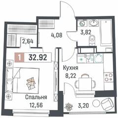 ЖК «Авиатор» (Девяткино), планировка 1-комнатной квартиры, 32.92 м²