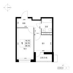 ЖК «Легенда Коренево», планировка 1-комнатной квартиры, 34.30 м²