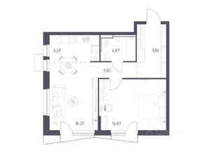 ЖК «Квартал Авиаторов», планировка 1-комнатной квартиры, 53.80 м²