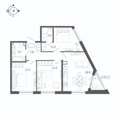 МЖК «Пулковский дом», планировка 3-комнатной квартиры, 74.60 м²