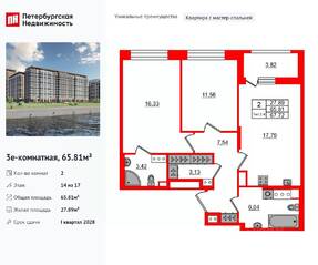ЖК «Сэтл Ривьера», планировка 2-комнатной квартиры, 65.81 м²
