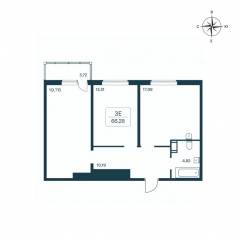 ЖК «Расцветай в Янино», планировка 2-комнатной квартиры, 66.60 м²