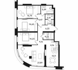 ЖК «Solos», планировка 4-комнатной квартиры, 122.47 м²
