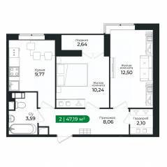 ЖК «Sertolovo Park», планировка 2-комнатной квартиры, 45.80 м²