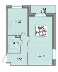 ЖК «Рождественский квартал», планировка 1-комнатной квартиры, 49.87 м²