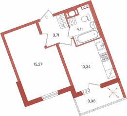 ЖК «Патио», планировка 1-комнатной квартиры, 35.41 м²