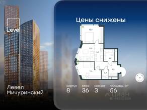 ЖК «Level Мичуринский», планировка 3-комнатной квартиры, 56.00 м²