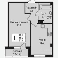 ЖК «Южная заря», планировка 1-комнатной квартиры, 40.30 м²