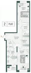 ЖК «Riga Hills», планировка 2-комнатной квартиры, 75.50 м²