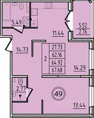 МЖК «Образцовый квартал 14», планировка 2-комнатной квартиры, 62.16 м²
