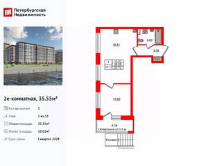 ЖК «Сэтл Ривьера», планировка 1-комнатной квартиры, 35.55 м²