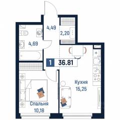 ЖК «Максималист», планировка 1-комнатной квартиры, 36.81 м²