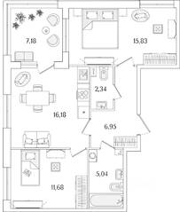 ЖК «Гранат», планировка 2-комнатной квартиры, 61.61 м²
