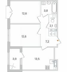МЖК «Дубровский», планировка 2-комнатной квартиры, 53.75 м²