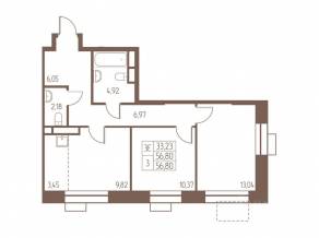 ЖК «Западная Ивантеевка», планировка 3-комнатной квартиры, 56.80 м²