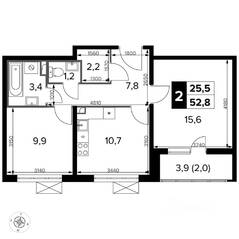 ЖК «Южная Битца», планировка 2-комнатной квартиры, 52.90 м²