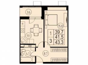ЖК «River Park», планировка 1-комнатной квартиры, 41.50 м²