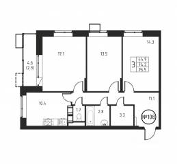 ЖК «Космос», планировка 3-комнатной квартиры, 76.50 м²