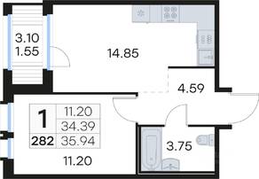 ЖК «GloraX Парголово», планировка 1-комнатной квартиры, 35.94 м²