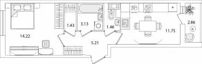 ЖК «Кинопарк», планировка 1-комнатной квартиры, 38.63 м²