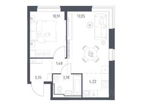 ЖК «Богдановский Лес», планировка 1-комнатной квартиры, 40.79 м²