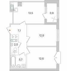 МЖК «Дубровский», планировка 2-комнатной квартиры, 53.45 м²