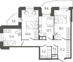 ЖК «Советская 18», планировка 3-комнатной квартиры, 89.60 м²