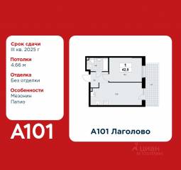 ЖК «А101 Лаголово», планировка 1-комнатной квартиры, 42.90 м²