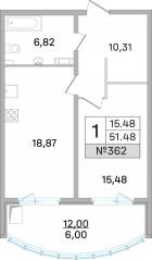 ЖК «Дом-Мегалит в Королёве», планировка 1-комнатной квартиры, 51.20 м²