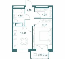 ЖК «Одинбург», планировка 1-комнатной квартиры, 37.26 м²
