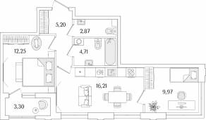 ЖК «Гранат», планировка 2-комнатной квартиры, 52.86 м²