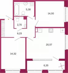 ЖК «Дом на Курской», планировка 2-комнатной квартиры, 69.38 м²