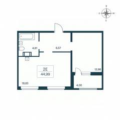 ЖК «Расцветай в Янино», планировка 1-комнатной квартиры, 45.00 м²