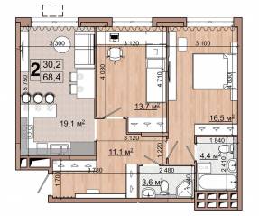 ЖК «Гранд Комфорт», планировка 2-комнатной квартиры, 68.40 м²