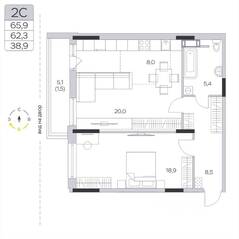ЖК «Пироговская Ривьера», планировка 1-комнатной квартиры, 62.30 м²