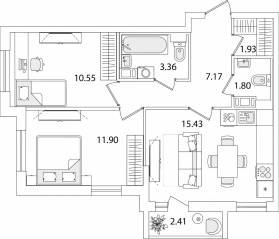 ЖК «Кинопарк», планировка 2-комнатной квартиры, 53.35 м²