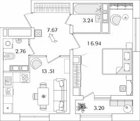 ЖК «БелАрт», планировка 1-комнатной квартиры, 45.72 м²