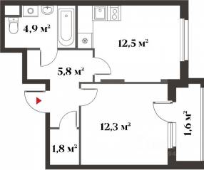 ЖК Миниполис «Восемь кленов», планировка 1-комнатной квартиры, 37.30 м²