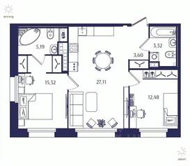 ЖК «Ranta Residence», планировка 2-комнатной квартиры, 68.02 м²