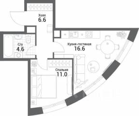 ЖК «Nagatino i-Land», планировка 1-комнатной квартиры, 38.80 м²