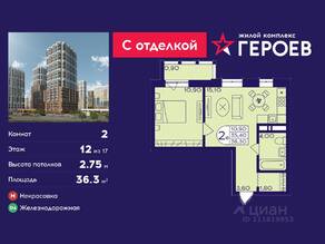 ЖК «Героев», планировка 2-комнатной квартиры, 36.30 м²