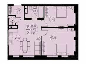 ЖК «31 квартал», планировка 3-комнатной квартиры, 69.10 м²