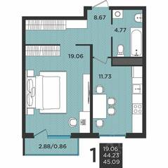 МЖК «Новокасимово», планировка 1-комнатной квартиры, 44.80 м²