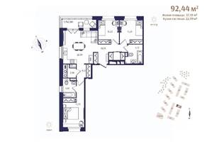ЖК «Ranta Residence», планировка 3-комнатной квартиры, 92.44 м²